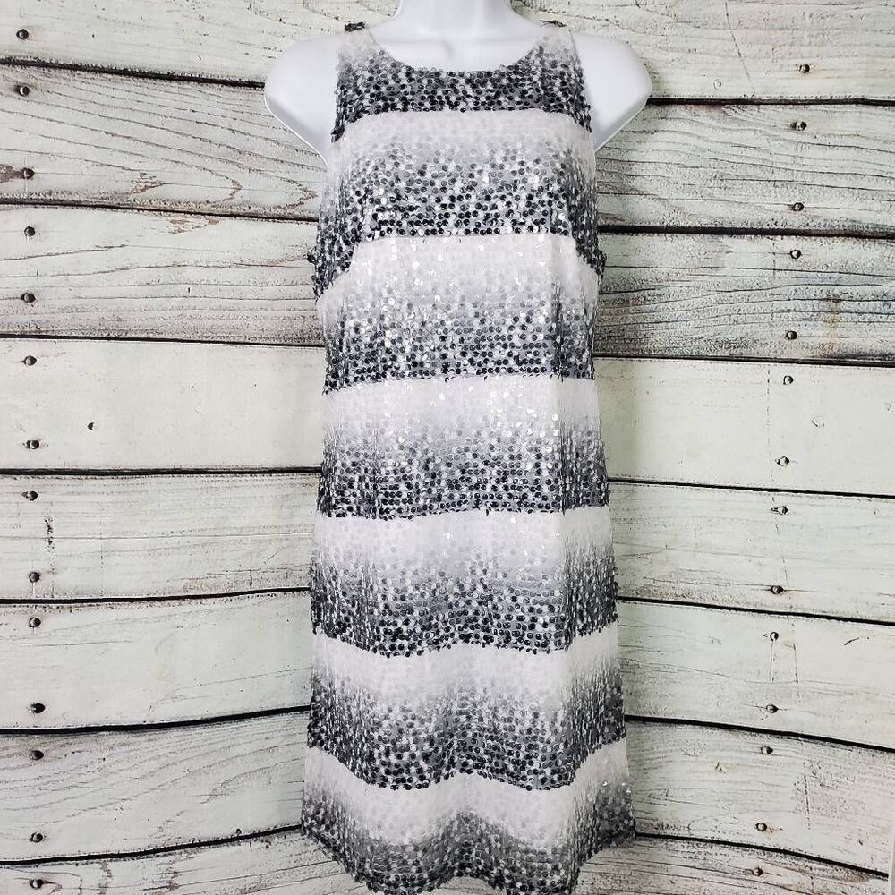 Worthington Small Black White Silver Striped Sequin Sleeveless Dress